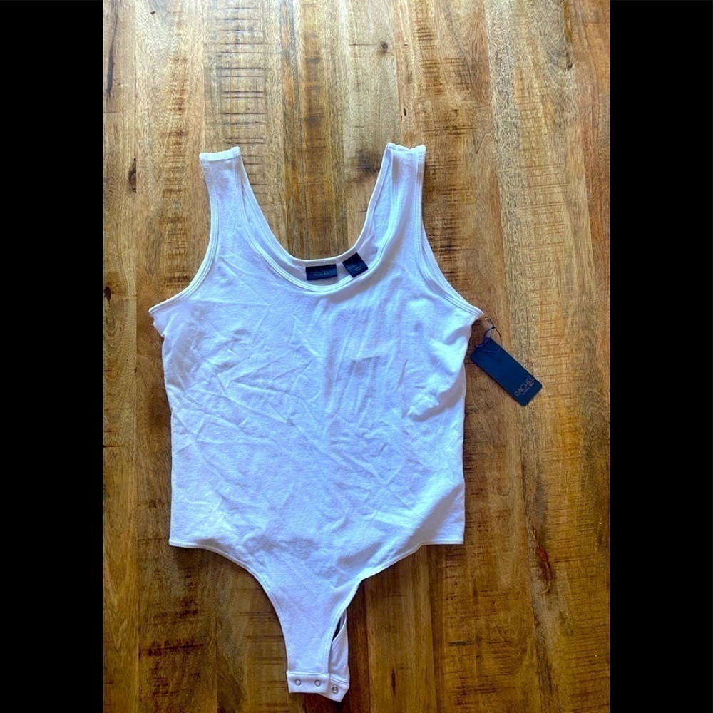 Rachel Roy white cotton blend tank bodysuit with thong bottom closure NEW NWT LG